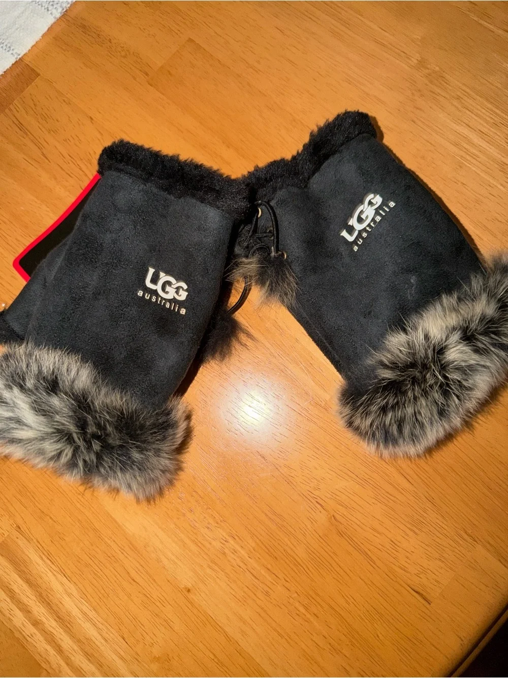 UGG Black Mittens with Faux Fur Trim